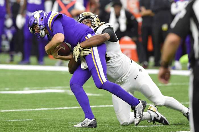 New Orleans Saints defensive end Cameron Jordan (94) sacks Minnesota Vikings quarterback Kirk Cousins (8) during a NFC Wild Card playoff game. Mandatory Credit: John David Mercer-USA TODAY